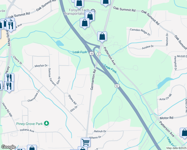 map of restaurants, bars, coffee shops, grocery stores, and more near 5001 Germanton Road in Winston-Salem