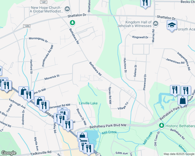 map of restaurants, bars, coffee shops, grocery stores, and more near in Winston-Salem