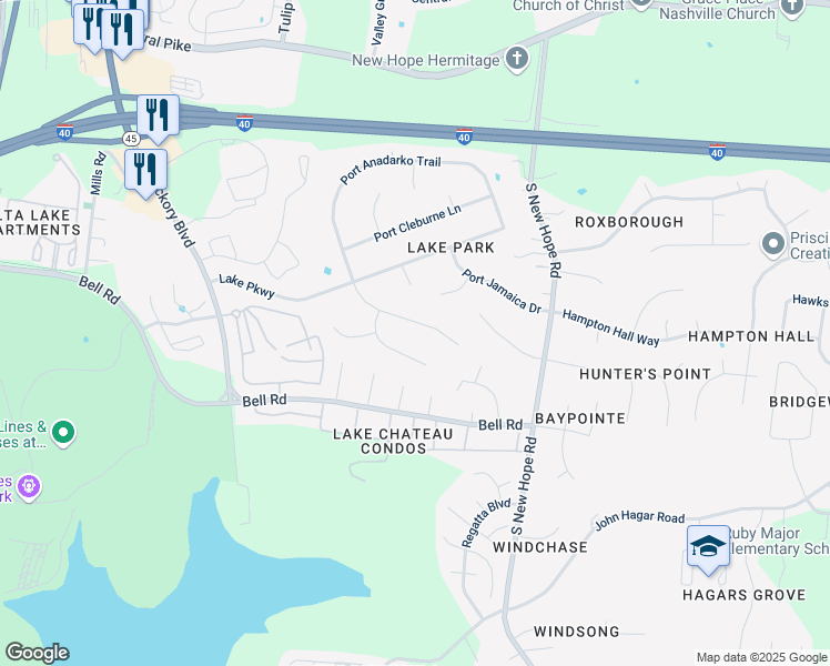 map of restaurants, bars, coffee shops, grocery stores, and more near 6045 Port Anadarko Trail in Nashville