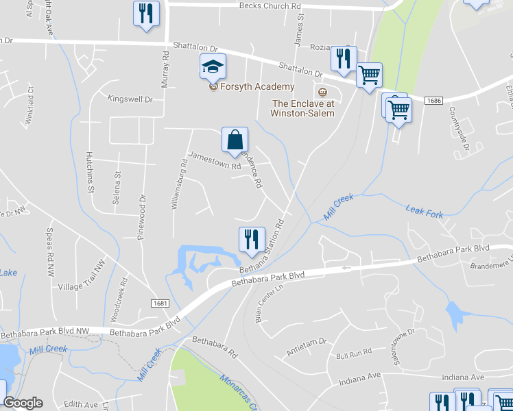 map of restaurants, bars, coffee shops, grocery stores, and more near 2107 Whitney Road in Winston-Salem