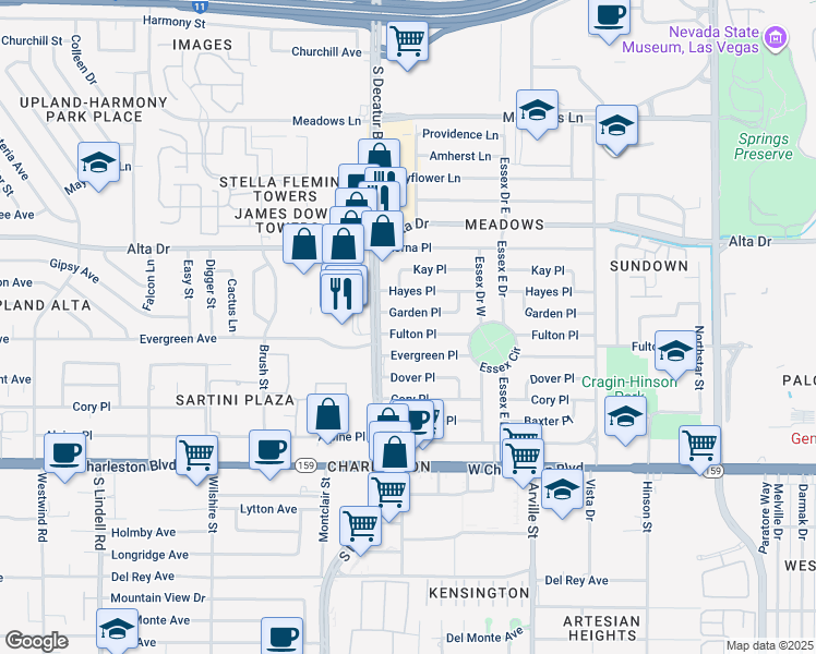 map of restaurants, bars, coffee shops, grocery stores, and more near 4700 Fulton Place in Las Vegas
