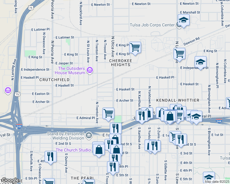 map of restaurants, bars, coffee shops, grocery stores, and more near 125 North Utica Avenue in Tulsa