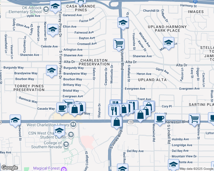 map of restaurants, bars, coffee shops, grocery stores, and more near 713 Carpenter Drive in Las Vegas