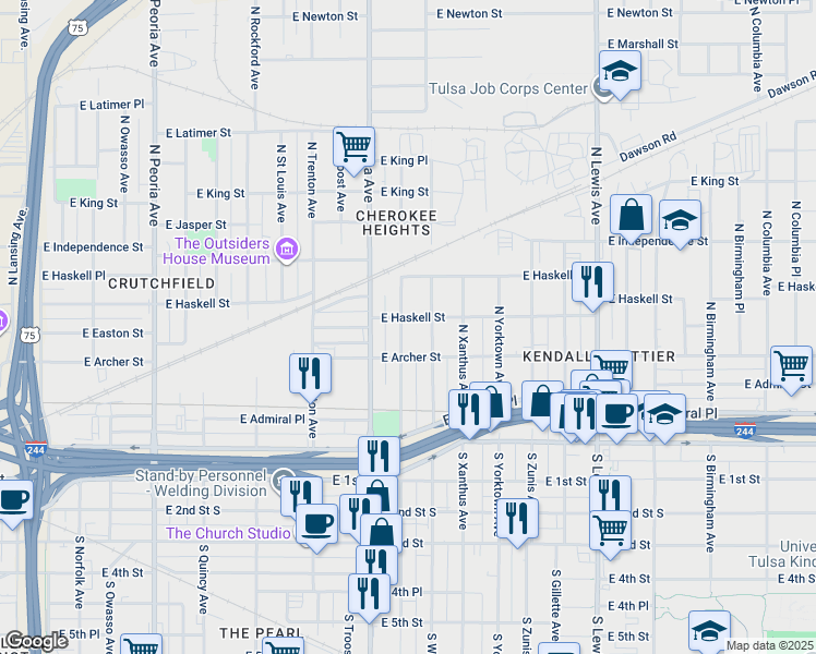 map of restaurants, bars, coffee shops, grocery stores, and more near 127 North Victor Avenue in Tulsa