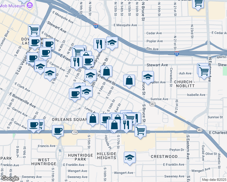 map of restaurants, bars, coffee shops, grocery stores, and more near 121 South 15th Street in Las Vegas