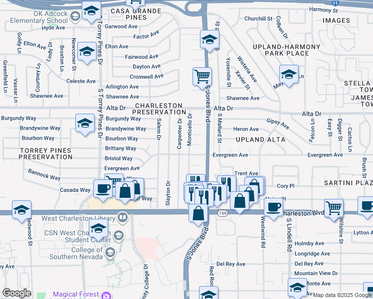 map of restaurants, bars, coffee shops, grocery stores, and more near 704 Monticello Drive in Las Vegas