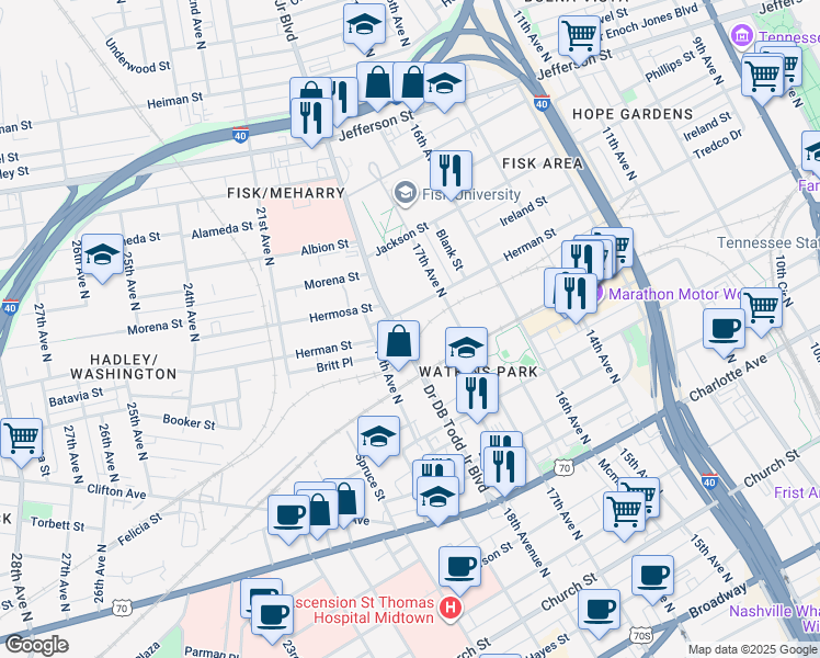 map of restaurants, bars, coffee shops, grocery stores, and more near 819 18th Avenue North in Nashville