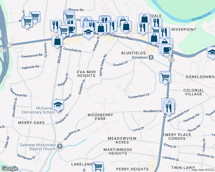 map of restaurants, bars, coffee shops, grocery stores, and more near 144 Spring Valley Road in Nashville