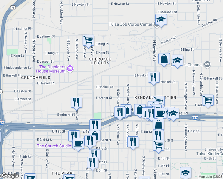 map of restaurants, bars, coffee shops, grocery stores, and more near 122 North Xanthus Avenue in Tulsa