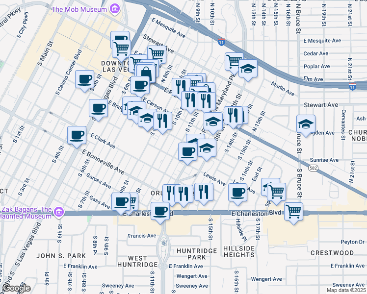 map of restaurants, bars, coffee shops, grocery stores, and more near 308 South 11th Street in Las Vegas