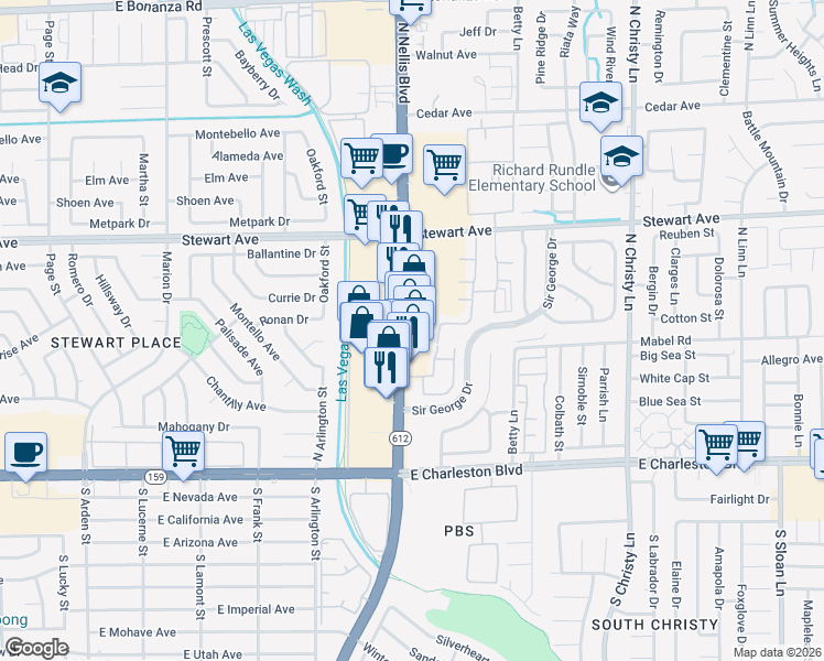 map of restaurants, bars, coffee shops, grocery stores, and more near 230 North Nellis Boulevard in Las Vegas