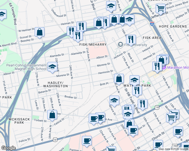 map of restaurants, bars, coffee shops, grocery stores, and more near 1913 Hermosa Street in Nashville