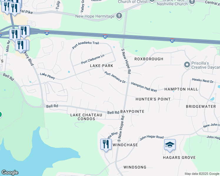 map of restaurants, bars, coffee shops, grocery stores, and more near 5933 New Hope Court in Nashville