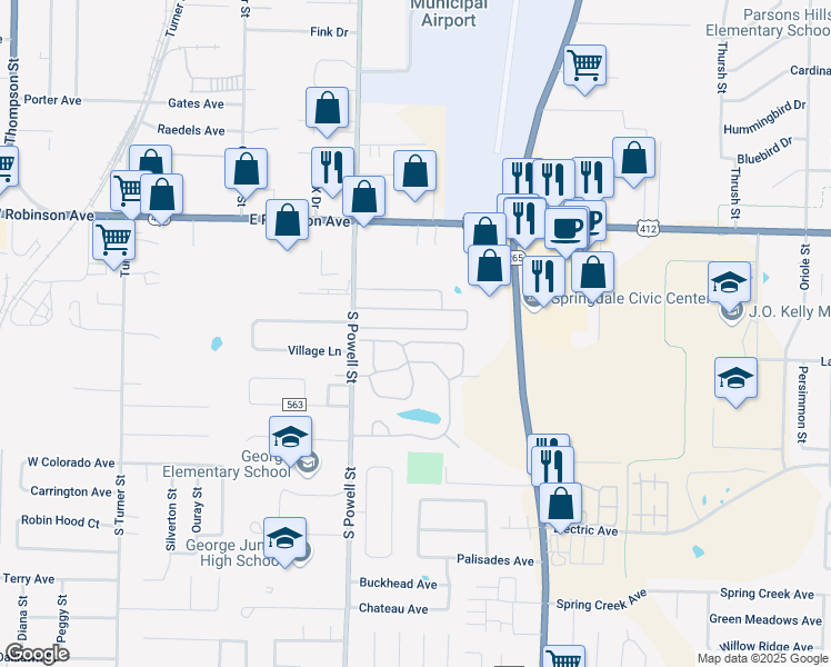 map of restaurants, bars, coffee shops, grocery stores, and more near 755 Oakridge Drive in Springdale