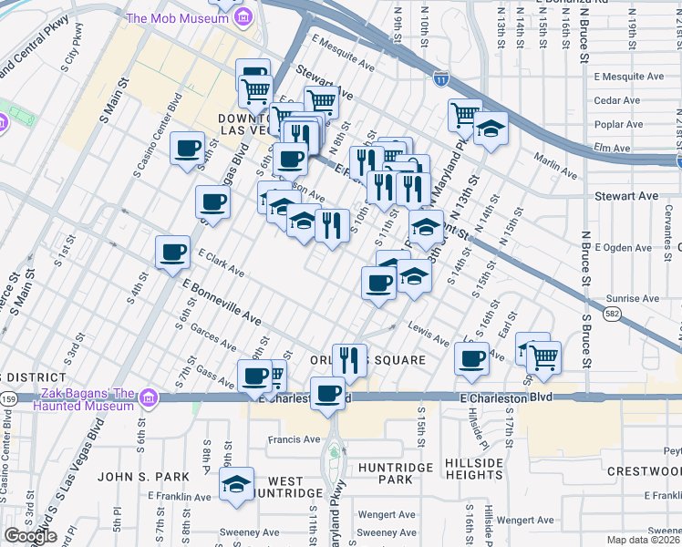 map of restaurants, bars, coffee shops, grocery stores, and more near 321 South 10th Street in Las Vegas
