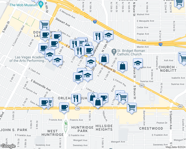 map of restaurants, bars, coffee shops, grocery stores, and more near 217 South 13th Street in Las Vegas
