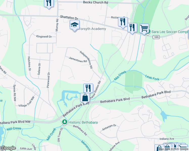 map of restaurants, bars, coffee shops, grocery stores, and more near 2107 Whitney Road in Winston-Salem
