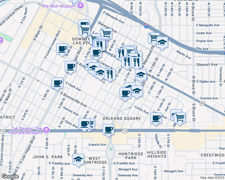 map of restaurants, bars, coffee shops, grocery stores, and more near 321 South 10th Street in Las Vegas