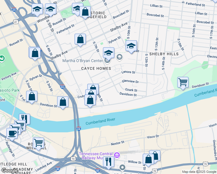 map of restaurants, bars, coffee shops, grocery stores, and more near 637 Crutcher Street in Nashville