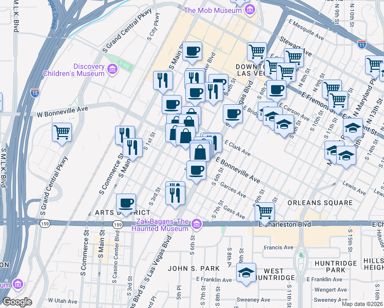 map of restaurants, bars, coffee shops, grocery stores, and more near 183 South 4th Street in Las Vegas