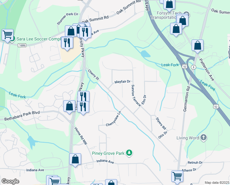 map of restaurants, bars, coffee shops, grocery stores, and more near 5137 North Cherry Street in Winston-Salem