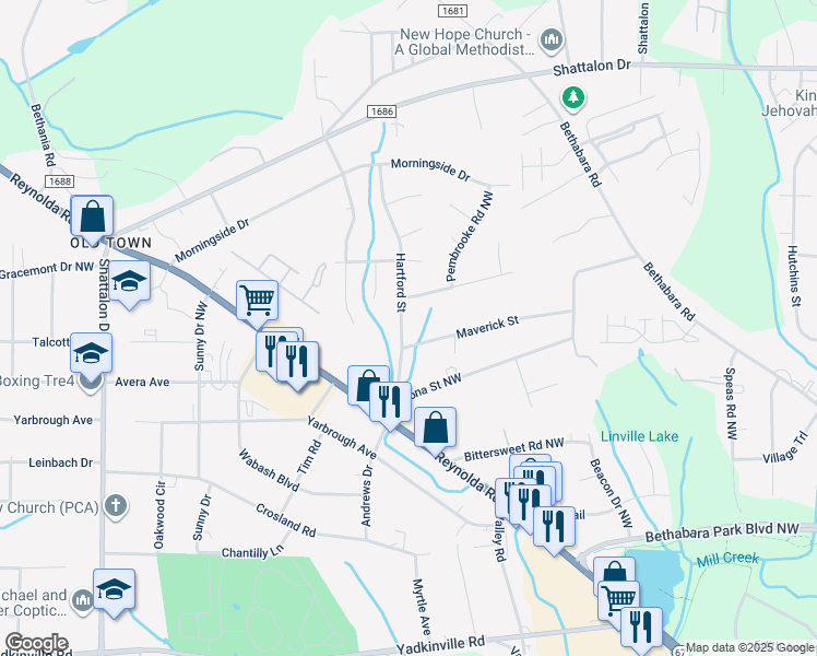 map of restaurants, bars, coffee shops, grocery stores, and more near 3507 Hartford Street in Winston-Salem