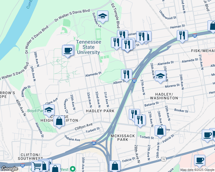 map of restaurants, bars, coffee shops, grocery stores, and more near 3007 Albion Street in Nashville