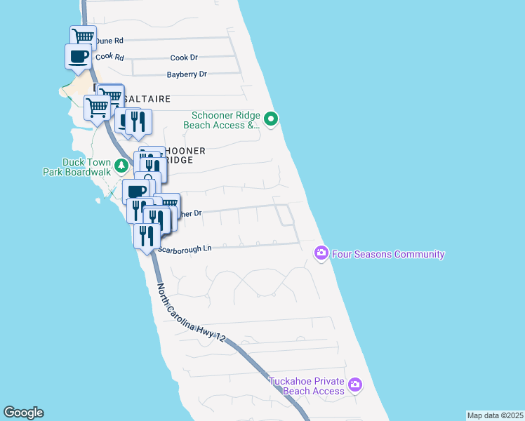 map of restaurants, bars, coffee shops, grocery stores, and more near 183 Teresa Court in Kitty Hawk