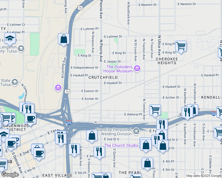 map of restaurants, bars, coffee shops, grocery stores, and more near 519 North Quaker Avenue in Tulsa