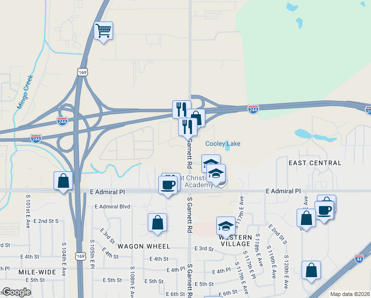map of restaurants, bars, coffee shops, grocery stores, and more near 11220 East Archer Place in Tulsa