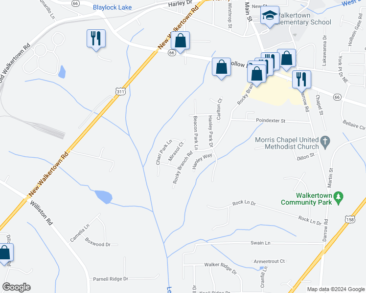 map of restaurants, bars, coffee shops, grocery stores, and more near 2989 Mirasol Court in Walkertown