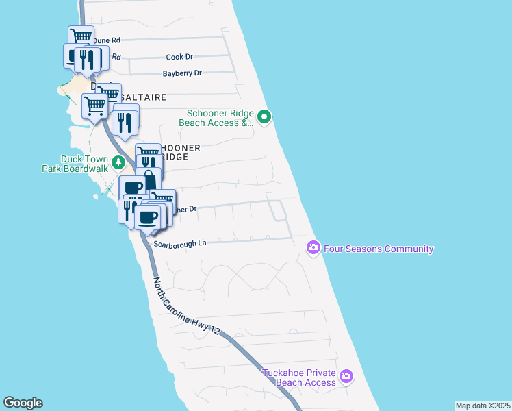 map of restaurants, bars, coffee shops, grocery stores, and more near 183 Teresa Court in Kitty Hawk