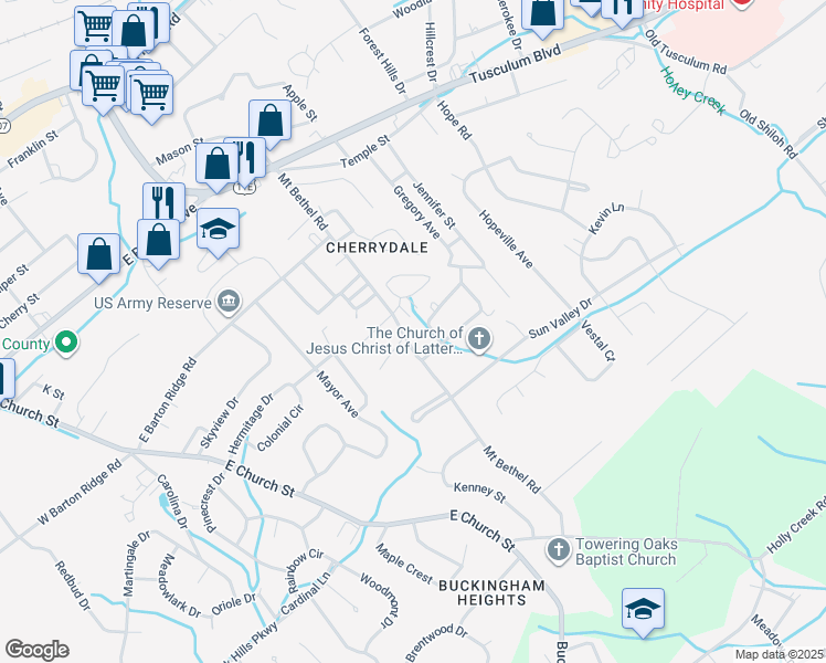 map of restaurants, bars, coffee shops, grocery stores, and more near 319 Mount Bethel Road in Greeneville