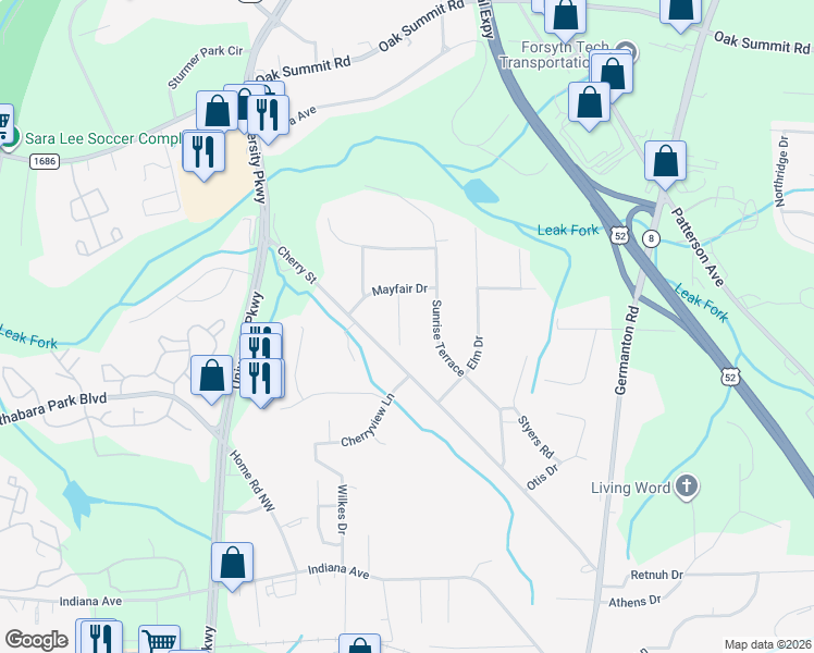 map of restaurants, bars, coffee shops, grocery stores, and more near 5171 Horne Drive in Winston-Salem