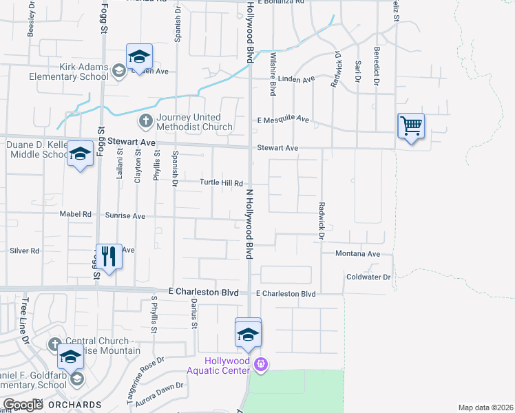 map of restaurants, bars, coffee shops, grocery stores, and more near 241 North Hollywood Boulevard in Las Vegas
