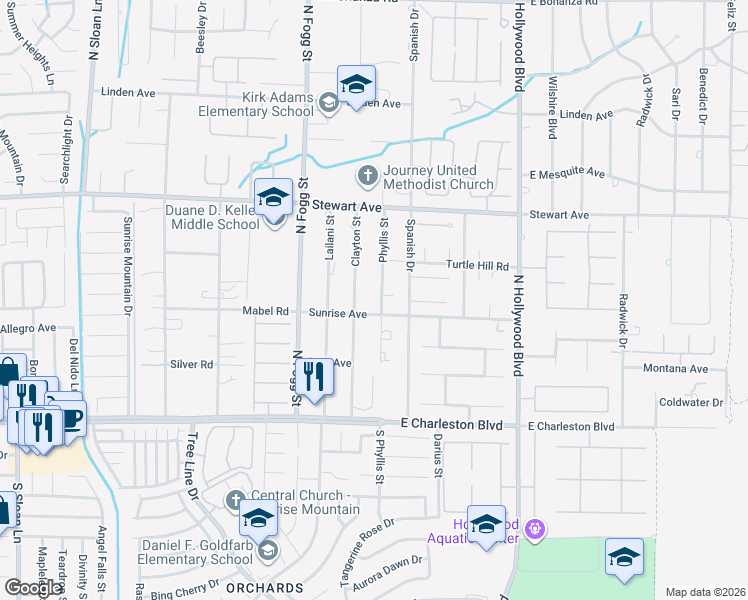map of restaurants, bars, coffee shops, grocery stores, and more near in Sunrise Manor