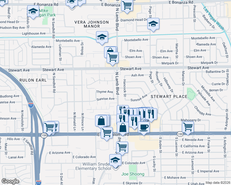 map of restaurants, bars, coffee shops, grocery stores, and more near 124 North Lamb Boulevard in Las Vegas