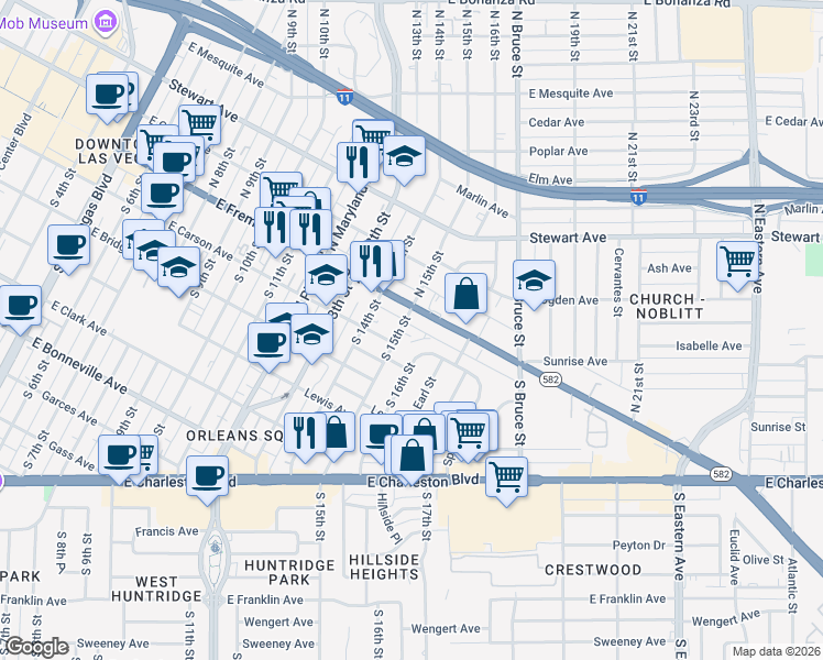 map of restaurants, bars, coffee shops, grocery stores, and more near 121 South 15th Street in Las Vegas