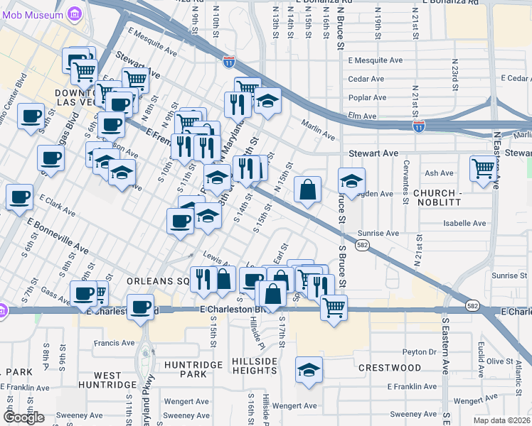 map of restaurants, bars, coffee shops, grocery stores, and more near 121 South 15th Street in Las Vegas