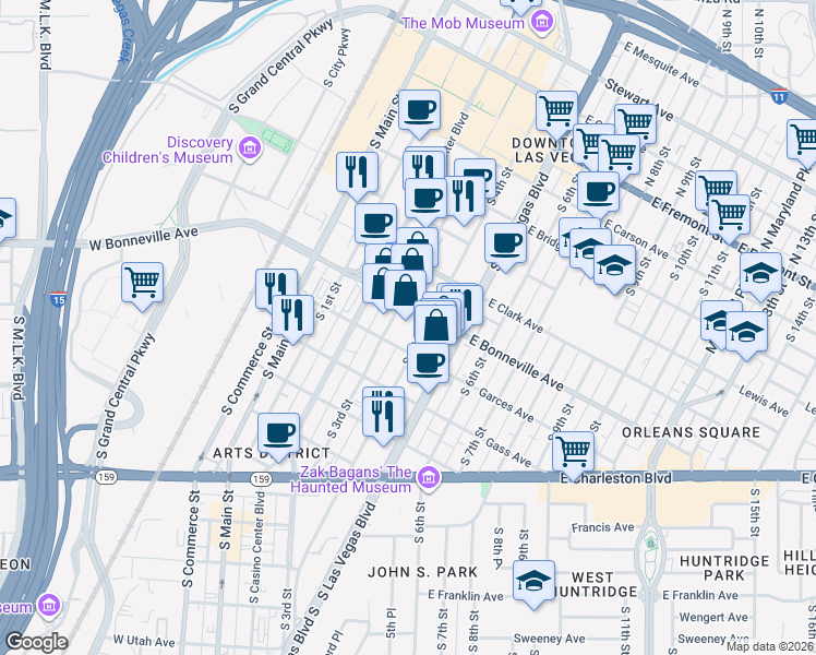map of restaurants, bars, coffee shops, grocery stores, and more near 183 South 4th Street in Las Vegas