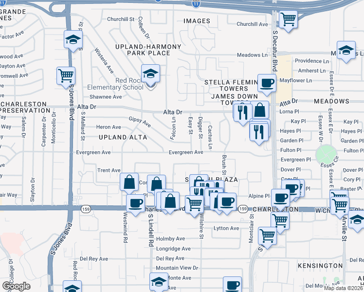 map of restaurants, bars, coffee shops, grocery stores, and more near 5301 Gipsy Avenue in Las Vegas