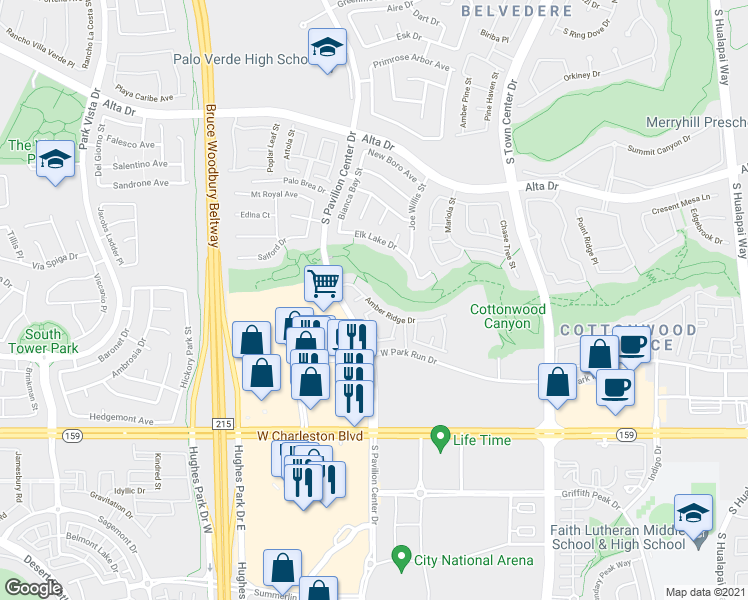 map of restaurants, bars, coffee shops, grocery stores, and more near 10730 Amber Ridge Drive in Las Vegas