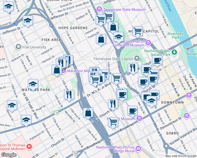 map of restaurants, bars, coffee shops, grocery stores, and more near 1016 Charlotte Avenue in Nashville