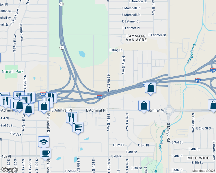 map of restaurants, bars, coffee shops, grocery stores, and more near 211 North 89th East Avenue in Tulsa
