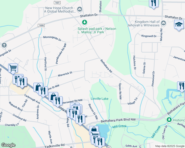 map of restaurants, bars, coffee shops, grocery stores, and more near 2500 Towergate Circle in Winston-Salem