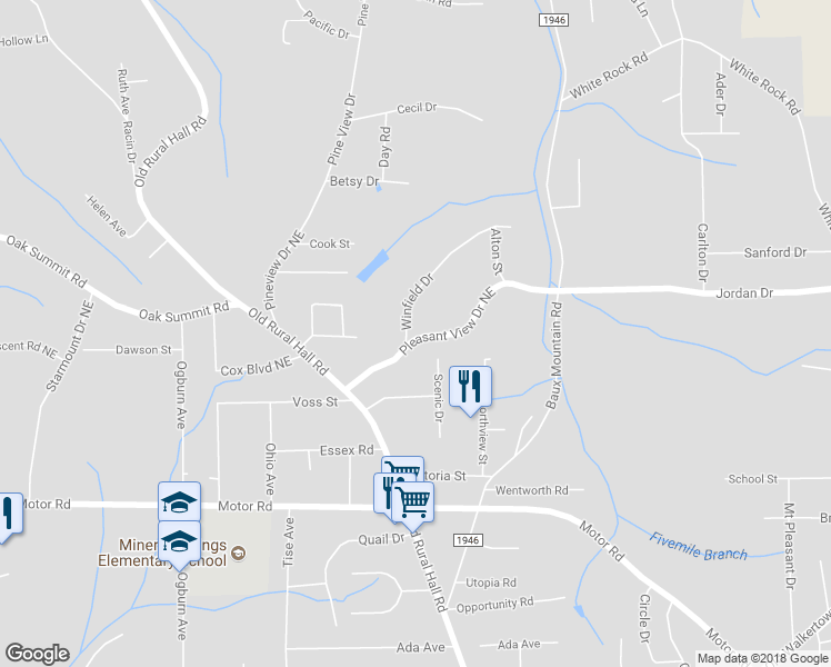 map of restaurants, bars, coffee shops, grocery stores, and more near 1206 Pleasant View Drive Northeast in Winston-Salem