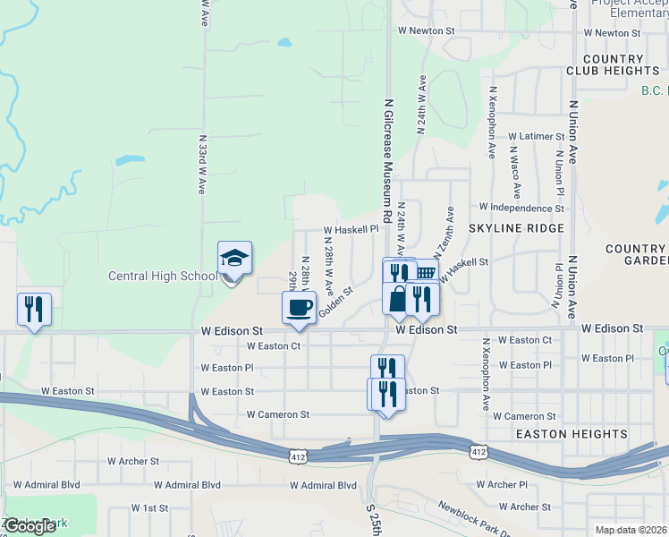 map of restaurants, bars, coffee shops, grocery stores, and more near 625 North 28th West Avenue in Tulsa