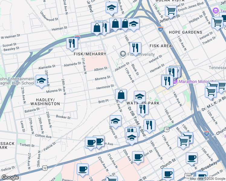 map of restaurants, bars, coffee shops, grocery stores, and more near 900 19th Avenue North in Nashville
