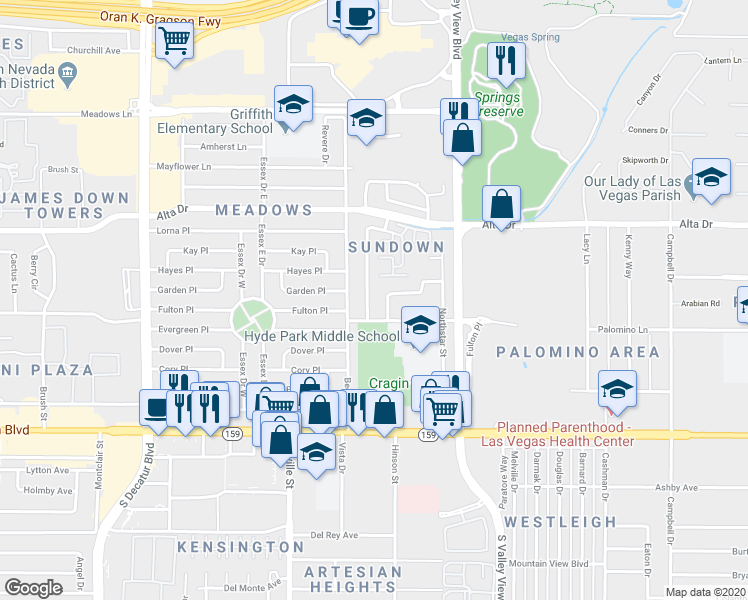 map of restaurants, bars, coffee shops, grocery stores, and more near 709 Cragin Park Drive in Las Vegas