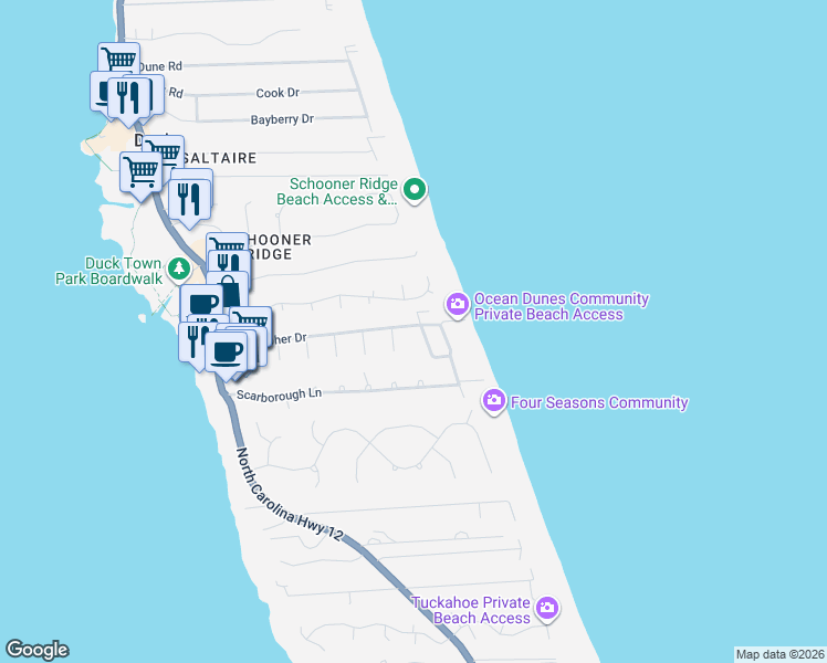 map of restaurants, bars, coffee shops, grocery stores, and more near 183 Teresa Court in Kitty Hawk